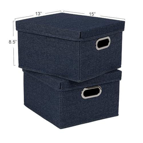 Household Essentials Collapsible Cotton Blend Storage Box with Lid and Metal Grommet Handle, Set of 2, Denim - color: Denim, size: 2 Count