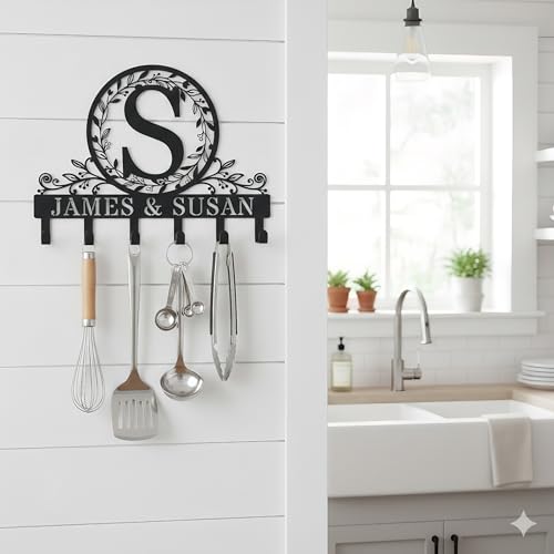 Personalized Metal Monogram Key Holder Rack for Wall Custom Coat Hooks for Bathroom Living Room Kitchen Office Wedding Anniversary Housewarming Gift - style: Garden