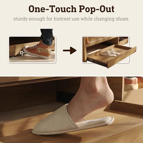 STO’Sense 47" Shoe Storage Bench with Cushion, Entryway Bench with UV Light & Backrest, Farmhouse Shoe Cabinet Bench with 2 Sliding Doors & 2 Pop-Out Drawers for Bedroom End of Bed, Hallway (Oak)