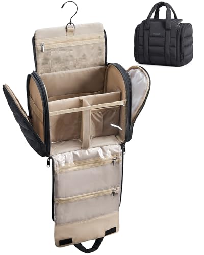 BAGSMART Travel Toiletry Bag with Removable Partition, Puffy Water-resistant Fabric Hanging Organizer for Full-Size Toiletries, Accessories, Black - color: Black