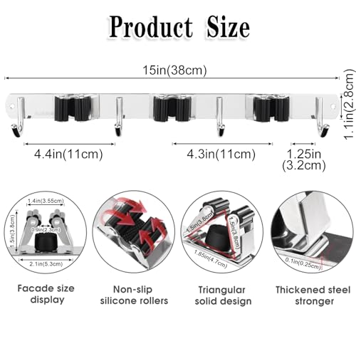 2 Pack 3 Racks and 4 Hooks Broom and Mop Holder Wall Mounted Garage Organizer Storage Tool Racks Stainless Steel Heavy Duty Hooks Self Adhesive Solid Non-slip Wall Hangers for Home Kitchen Garden - color: 3 Racks & 4 Hooks