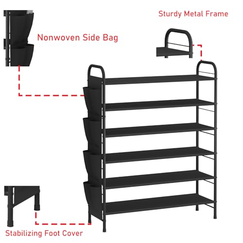 SUOERNUO Shoe Rack Storage Organizer for Entryway Closet Bedroom 6 Tier Free Standing Metal Shoe Shelf Compact Shoe Organizer with Side Bag,Black - color: Black, size: 6 Tier