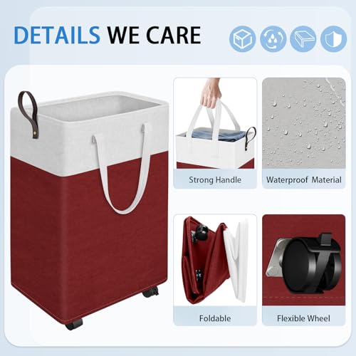 HomeHacks 90L Large - Capacity Rolling Laundry Basket, Laundry Hamper with 4 Smooth Wheels, Collapsible Waterproof Clothes Basket, Freestanding Hamper with Handles for Bedroom/Dorm/Laundry Room (Red) - color: Red, size: 90L