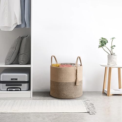 Mkono Woven Storage Basket Decorative Rope Basket Wooden Bead Decoration for Blankets,Toys,Clothes,Shoes,Plant Organizer Bin with Handles Living Room Home Decor, Yellow and Black, 16" W × 13.8" - color: Yellow and Black, size: 16" W × 13.8"L