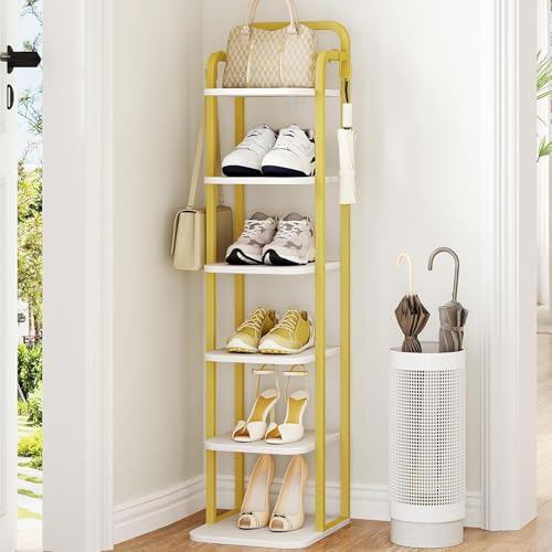 Hzuaneri 6 Tiers Vertical Shoe Rack, Narrow Shoe Tower, Tall Shoes Shelf with 2 Hooks, Adjustable Shelves, Corner Shoes Shelves for Small Spaces, Entryway, Living Room, White Gold SR04213A - color: White Gold, size: 6 Tier(11.8"D x 10.4"W x 39.8"H)