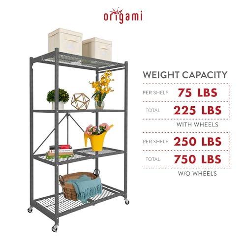 Origami R5 4-Shelf Heavy-Duty Folding Storage Rack, Pewter - Large Foldable Metal Shelving Unit with Wheels for Garage, Pantry, Basement, Laundry Room or Warehouse - color: Pewter, size: 1-Pack