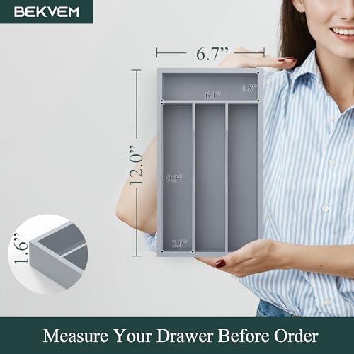 Silverware Organizer, Bamboo Kitchen Drawer Organizer, Utensil Holder, Cutlery Tray & Spoon Flatware Storage with Grooved Drawer Dividers (Grey, 6.7''W x 12''D) - color: Grey, size: 6.7''W x 12''D