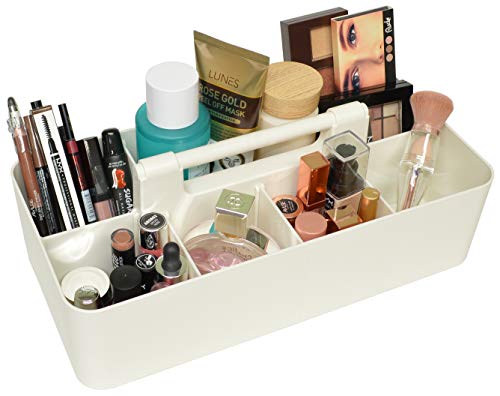 New Plastic Portable Makeup Organizer Caddy Tote Divided Basket Bin with Handle, for Bathroom Storage - Holds Blush Makeup Brushes, Eyeshadow Palette, Lipstick - Extra Large Made In USA (Ivory) - color: Ivory