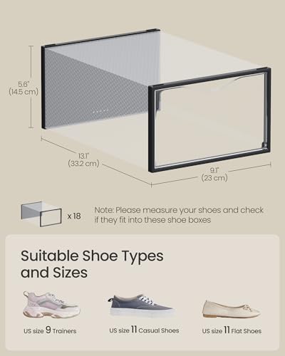SONGMICS Shoe Boxes, Shoe Storage Organizers Rack for Closet, Plastic Stackable Sneaker Containers Case, 18 Pack, Transparent and Ink Black ULSP318B01 - color: Transparent + Ink Black, size: 18 Count Fit Size 11