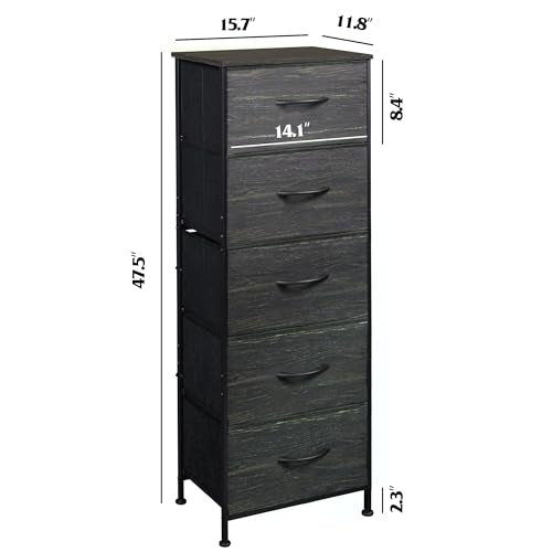 WLIVE Fabric Dresser, 5-Drawer Tall Dressers for Bedroom, Storage Dresser Organizer with Wood Top, Sturdy Steel Frame, Chest of Drawers for Closet, Hallway, Charcoal Black Wood Grain Print - color: Charcoal Black Wood Grain Print
