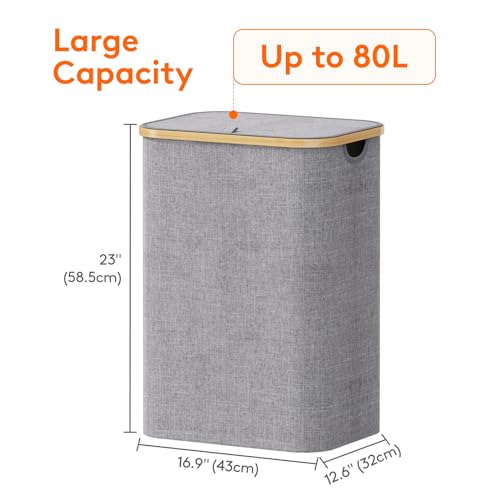 Lifewit 80L Laundry Basket with Lid, Clothes Hampers for Laundry with Bamboo Handles and 1 Removable Bag, Large Foldable Laundry Hamper for Bedroom, Bathroom, Dorm, Laundry Room, Light Gray - color: Light Gray, size: 80L