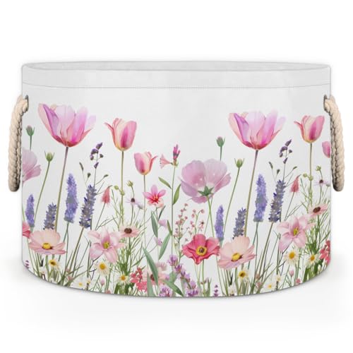 Pardick Large Round Storage Basket Flower Floral Collapsible Circle Storage Bin Basket Laundry Hamper With Handle for Kids Boy Girls Toy Bedroom Living Room Nursery Room Decor Storage Organizer - color: F:flower floral