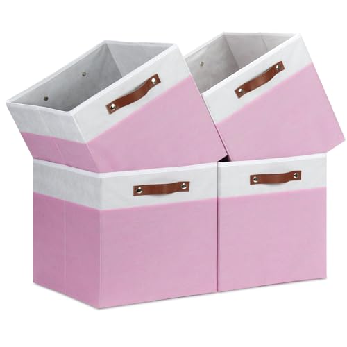 Temary Foldable Cube Baskets 4Pack - Clothes Shelf Storage with Handles, Fabric Storage Organizer Bins (White&Pink, 13x15x13 Inch) - color: White&Pink, size: 13x15x13