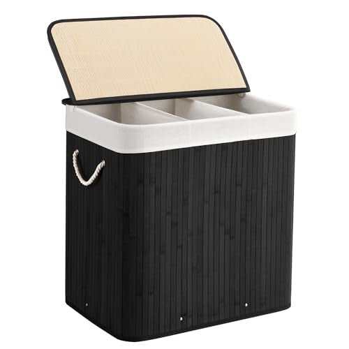 Aliphon 150L Laundry Hamper with lid, 3-Section Clothes Laundry Basket with Handles, Large Collapsible Bamboo Baskets for Bedroom, Bathroom, Dorm, Ink Black - color: Ink Black, size: 150L