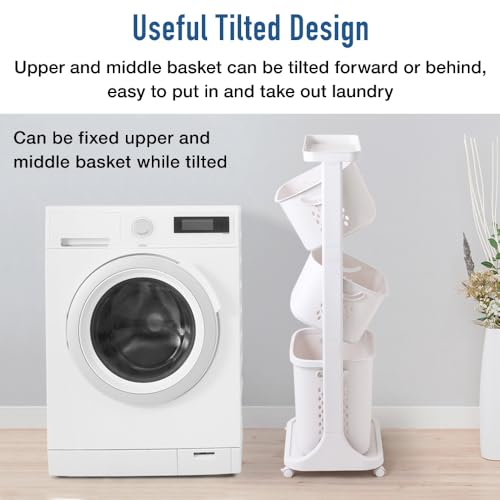 Japard 83 Litres Rolling Laundry Hamper Ultra Slim, Vertical 3 Sorter Cart with Wheels and Breaks, 3-tier Baskets Detachable for Dorm, Closet, Easy Assembly White Gray - size: 3 Tier