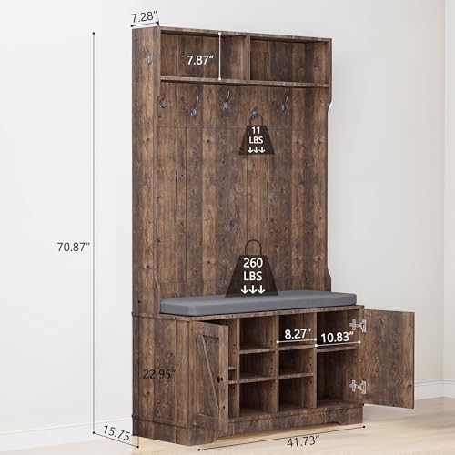 71" Hall Tree with Bench and Shoe Storage, Entryway Hall Tree with 2 Doors and 6 Adjustable Shelves, Cushioned Storage Bench with Coat Rack for Hallway, Living Room, Mudroom - color: Rustic Brown