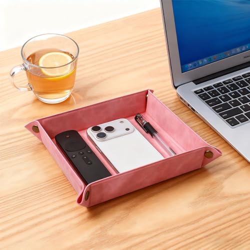 Valet Tray Desktop Storage Organizer – Premium PU Leather Catchall Bedside Vanity Tray Nightstand Caddy Holder for Remote Controller, Keys, Phone, Wallet, Coin, Jewelry,Pink - color: Pink