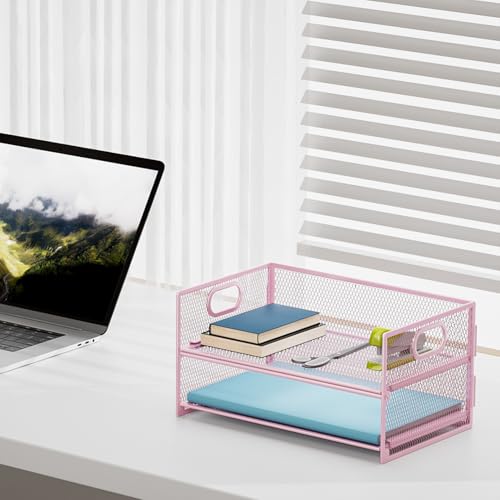 Marbrasse 2 Tier Paper Organizer Letter Tray, Mesh File Organizer with Handle, Paper Sorter Desk Organizer for Home Office Supplies - Pink - color: 2 Tier Pink
