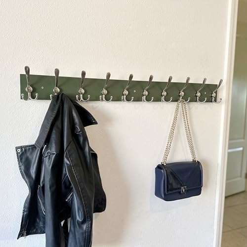 SKOLOO Creations Forest Green Solid Wood Wall Mounted Coat Rack, 10 Hooks, 38-1/8" Long - Kitchen, Mudroom, Entryway, Bathroom - Includes Mounting Hardware, Wall Coat Hanger, Towel Rack - color: Forest Green Plates & Nickel Hook, size: 1 Item-10 Hooks