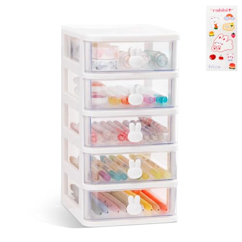 CEYAZYE Desk Organizer with Drawer, Stackable Makeup Organizer White, Small Plastic Storage Box for Desktop, Bathroom Counter or Dresser, School, Home, Office (5 Tier) - color: White-5 Tier