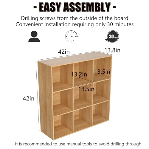 Wooden 9 Cube Storage Organizer with Closed Back Panel,White Cube Shelf Cubby Storage Organizer with Compartments for Living,Bookshelf, Easy to Install (Oak, 9 Cube-13in) - color: Oak, size: 9 Cube-13in