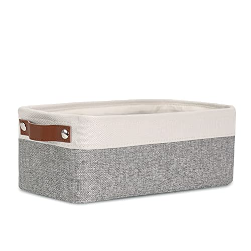DULLEMELO Fabric Bathroom Storage Bin with Leather Handles, Narrow Organizer for Towels, Toilet Paper Rolls, Storage Basket for Back of Toilet, Vanities, Shelves & Cabinets (White&Gray) - color: White&Gray, size: Narrow-15"x6"x5.5"