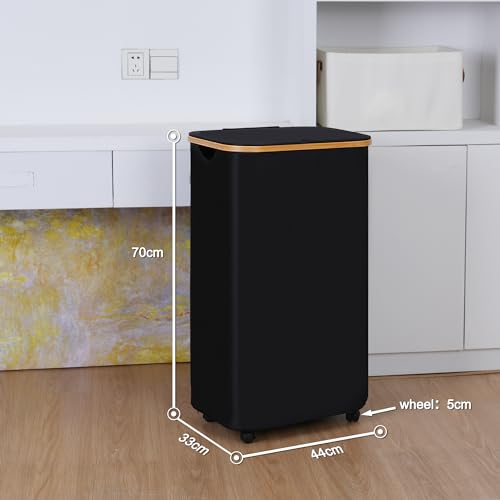 Laundry Basket with Wheels,100L Hampers for Laundry,Black Large Laundry Hamper with Lid and Bamboo Handles,Collapsible & Waterproof Tall Cloth Hamper for Dormitory Family - color: Black, size: 100L with Wheels