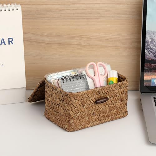 Handwoven Wicker Storage Basket Small Seagrass Box with Lid Multipurpose Table Organizer for Dental Floss Paper Clip Holder, 6.1" x 4" x 3.3" - size: 6.1"L x 4"W x 3.3"H