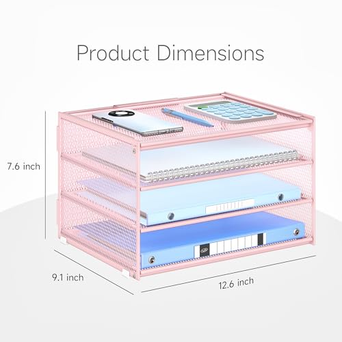 Lavatino 3-Tier Letter Tray Desk Paper Organizer – Pink Mesh Metal File Tray Organizer for Desk, Office Supplies & Home Organization | Fits A4/Letter Paper, Mail, Magazines and Office Accessories - color: 4-tier No Handle - Pink