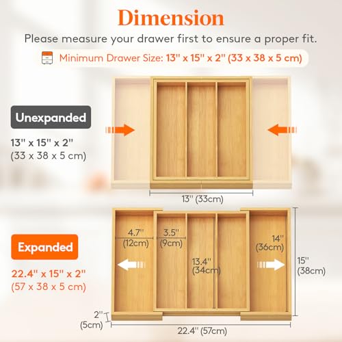 Lifewit Utensil Organizer for Kitchen Drawer, Expandable Cooking Utensil Tray, Cutlery Silverware Flatware Holder, Wood Adjustable Spatula Tools Storage Divider, 13-22x15/ 33-56x38cm, Natural - color: Natural, size: 12.6~22.4''W x 15'' D