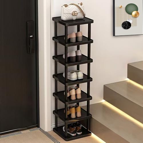 Vertical Shoe Rack - Tall Narrow Shoe Rack Organizer for Small Spaces,7 Tier Bamboo Shoen Shelf for Entryway,Closet,Corner,Doorway,Skinny Shoe Shelf Space Saving Shoe Storage,Free Stackable DIY - color: Black, size: 7-tier