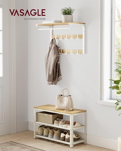 VASAGLE 3-Tier Shoe Rack, Shelf Storage Bench with Metal Mesh Shelves and Seat, Free Standing Shoe Organizer for Entryway, 11.8 x 28.7 x 17.7 Inches, Oak Beige and Classic White ULBS073W09 - color: Oak Beige + Classic White, size: 28.7"W x 17.7"H, style: