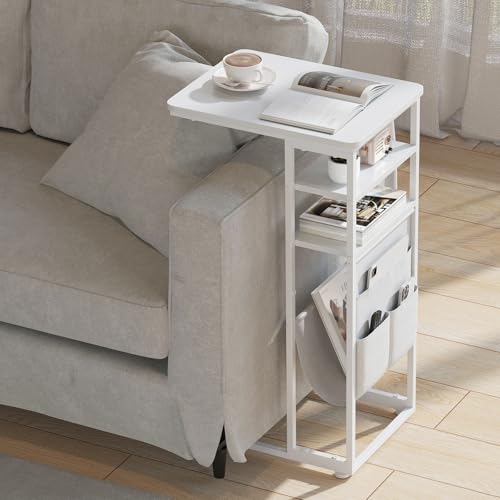C Shaped End Table 28"(H) 3-Tier C Table with Storage Bag, Under Couch Table C-Shaped End Table with Storage Shelves and Bag for Living Room, Bedroom, or Office - color: White, size: Wood