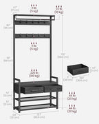 VASAGLE Hall Tree with Bench and Shoe Storage, Entryway Coat Rack with Shoe Bench, 2 Fabric Drawers, 10 Hooks, 11.8 x 31.7 x 71.5 Inches, Stone Gray and Ink Black UHSR429B04 - color: Stone Gray + Ink Black