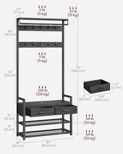 VASAGLE Hall Tree with Bench and Shoe Storage, Entryway Coat Rack with Shoe Bench, 2 Fabric Drawers, 10 Hooks, 11.8 x 31.7 x 71.5 Inches, Stone Gray and Ink Black UHSR429B04 - color: Stone Gray + Ink Black
