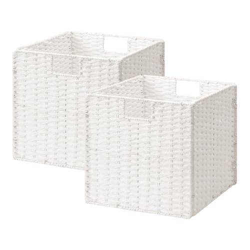StorageWorks 13 inch Wicker Storage Baskets, Foldable Handwoven Wicker Basket for Organizing, Paper Rope Square Storage Cubes, White, 2 Pack - color: White, size: 13"L x 13"W x 13"H