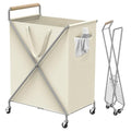 Foldable Metal Laundry Basket with Wheels, 2-Section Rolling Laundry Hamper, 37 Gallons (140L), Removable Liner, Steel Frame with Wooden Handle, Cream White - color: Cream White