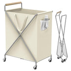 Foldable Metal Laundry Basket with Wheels, 2-Section Rolling Laundry Hamper, 37 Gallons (140L), Removable Liner, Steel Frame with Wooden Handle, Cream White - color: Cream White