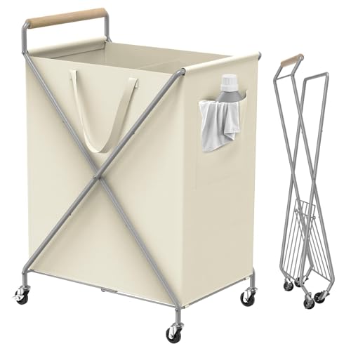 Foldable Metal Laundry Basket with Wheels, 2-Section Rolling Laundry Hamper, 37 Gallons (140L), Removable Liner, Steel Frame with Wooden Handle, Cream White - color: Cream White
