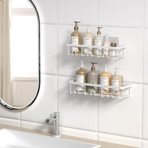 White Shower Caddy Organizer, 2 Pack Adhesive Shampoo Holder Basket Shelves for Storage and Organization, Wall Suction Bath Bathtub Rack Set for RV Camper, Bathroom Restroom Decor and Accessories - color: White, size: Small 2 Pack