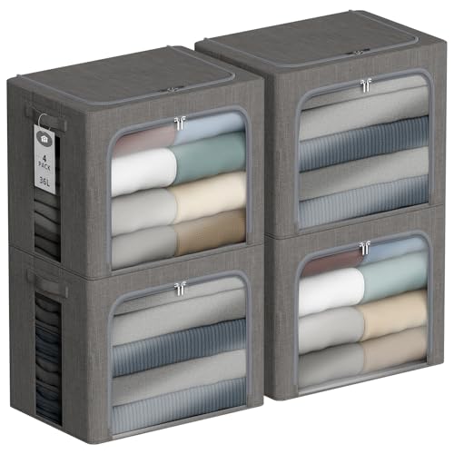 4 Pack Clothes Storage Bins with Metal Frame - 36L Stackable Storage Box with Lid，Foldable Storage Container Organizer for Clothes，Linen Fabric Storage Box with Clear Window＆Zippers＆Handles - color: Grey, size: 36L