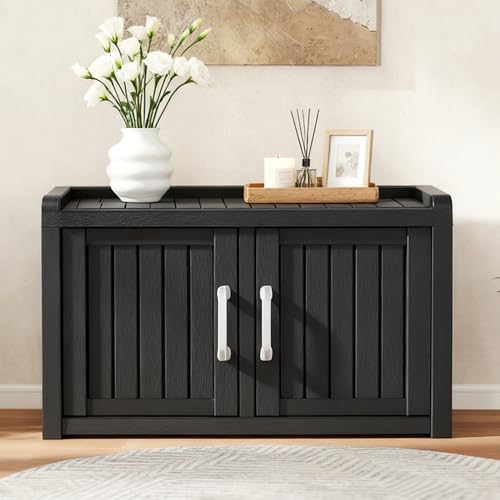 KAMABOKO Outdoor Shoe Storage Cabinet, Waterproof UV-Resistant Entryway Storage Bench Indoor Outdoor with 2 Barn Doors, Adjustable Shelves for Entryway, Bedroom, Hallway,Living Room(Jet Black) - color: Jet Black, size: Double Door