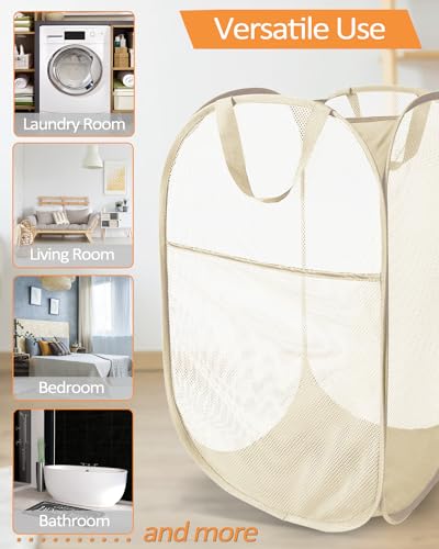 Durable Collapsible Laundry Baskets- Reinforced Mesh Pop Up Laundry Hamper with Side Pocket, Foldable Clothes Storage Hamper with Carry Handles for Laundry, Bathroom, Kids Room, Dorm or Travel Beige - color: Beige, size: Pop Vertical