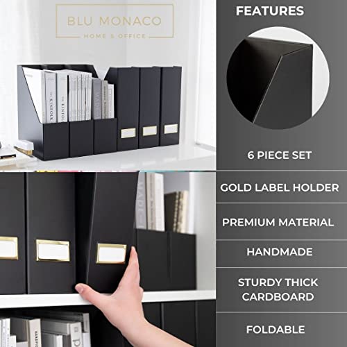 BLU MONACO | Cardboard Magazine File Holder Set of 6 Black | Vertical Magazine File Holder with Gold Label Slots | Standing File Holder and Cardboard Bins for Shelves Desk Storage - color: Black & Gold