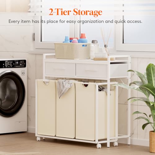 Lifewit Laundry Hamper 3 Section, Large Rolling Laundry Sorter with Shelf & 2 Drawers, Pull-Out Laundry Basket Organizer with Wheels and Removable Bag for Laundry Room Bathroom, White and Beige - color: White
