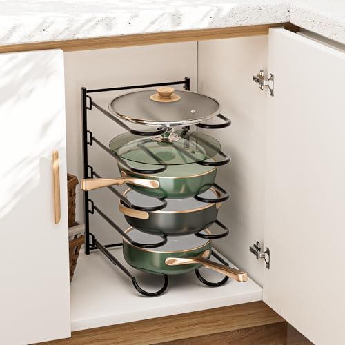 JAQ Pots and Pans Organizer, 13.18 inch Heavy Duty Pot Lids Rack Holder Adjustable Height for Muffin Tins, Baking Sheets, Skillets,Cookware,Bakeware in Cabinets Shelf Countertop Pantry-Black - color: Black
