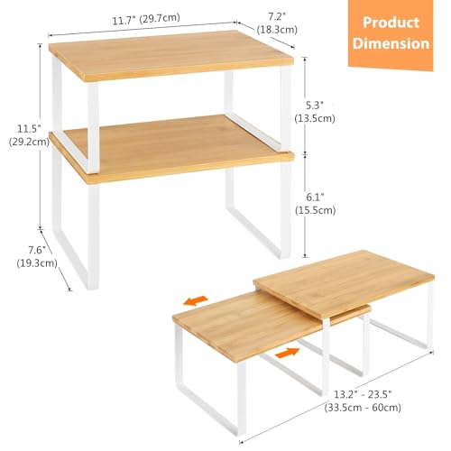 NEX Cabinet Organizer Shelf, Set of 2 Stackable Kitchen Counter Shelves, Expandable Spice Rack Pantry Organizers Cupboard Storage, Bathroom Desk Risers, Bamboo and Metal - color: Cloud White + Natural Beige, size: 11.7''W