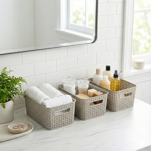 BINO | Plastic Storage Baskets, 5.5 Liter - 3 Pack, Natural Grey | THE WOVEN COLLECTION | Storage Basket for Shelves | Woven Storage Baskets for Organizing Bins Pantry Shelf Organizer | Container Bin - color: Natural Grey, size: 5.5L | 3-Pack