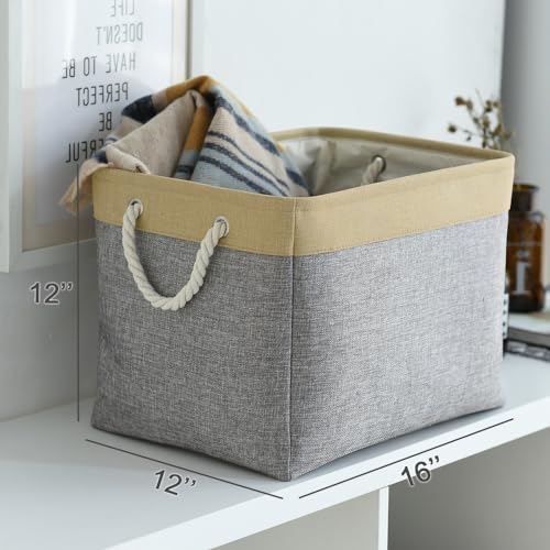 TheWarmHome Storage Basket for Organizing - Fabric Large Cubes 3 Pack 16x12x12 inch Baskets, Cube Storage Bin for Shelves Organizer Closet Cloth Gift Toy (Gold & Grey) - color: Gold&Grey, size: 3PCS/Large Cube - 16L×12W×12H