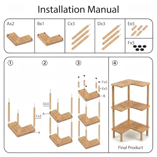 Bamboo Corner Shower Caddy Stand 3-Tier, Standing Shower Organizer with Anti-Slip Feet, Waterproof & Durable Bathroom Shower Shelf, Space-Saving Design Storage for Kitchen or Living Room
